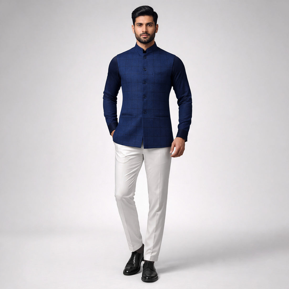 Cobalt Blue - Windowpane Mandarin Vest