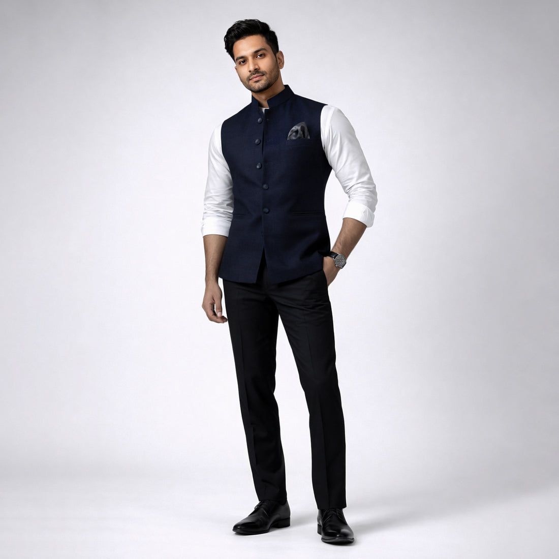 Obsidian Blue - Windowpane Mandarin Vest